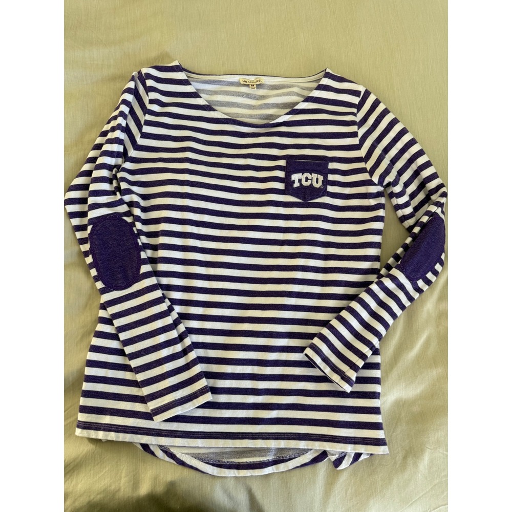 TCU Striped Long Sleeve Shirt Women's M Purple White Cotton Elbow‎ Patch Top